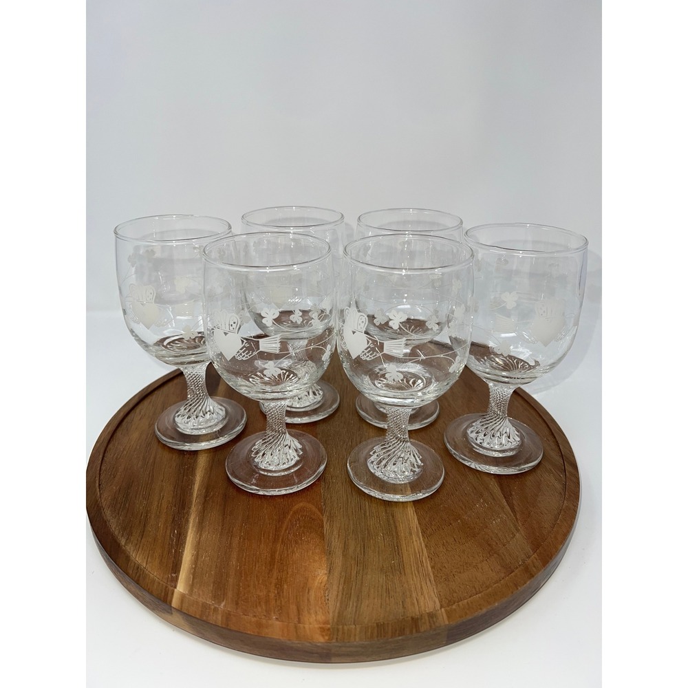 Vintage Irish Claddagh Shamrock Etched Wine Glasses Twisted Stem Set‎ of 6 Clear